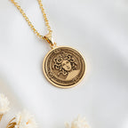 14K solid gold Medusa Gorgon Snake Hair Pendant: round  of Medusa Gorgon with engraved ...