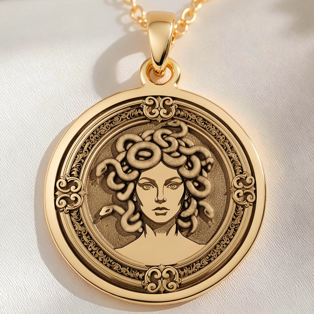14K solid gold Medusa Gorgon Snake Hair Pendant: round  of Medusa Greek Gorgon goddess ...
