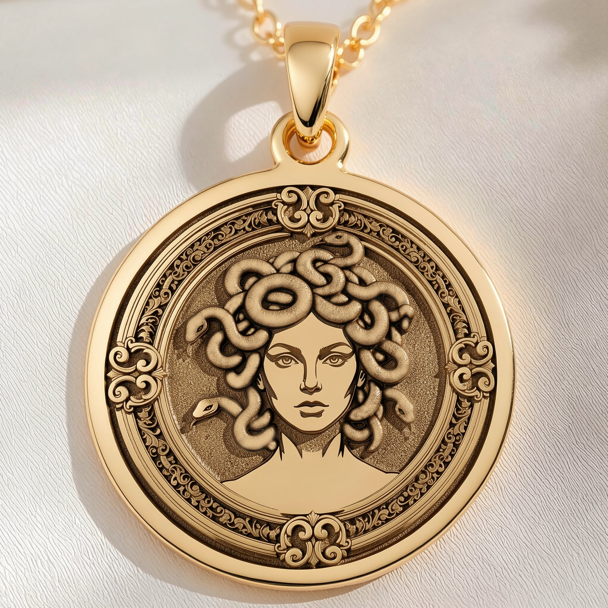 14K solid gold Medusa Gorgon Snake Hair Pendant: round  of Medusa Greek Gorgon goddess ...