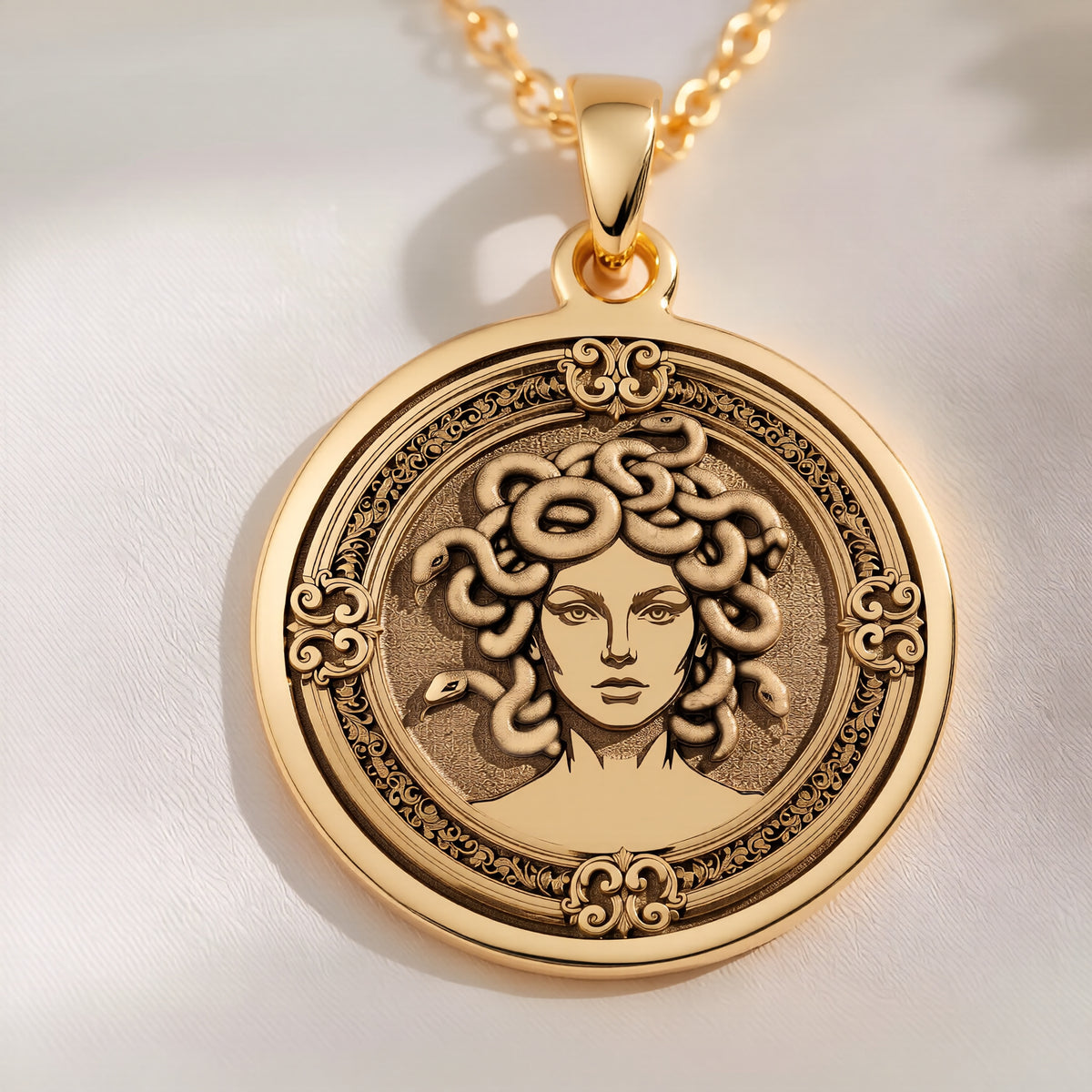 Medusa Gorgon Snake Hair Pendant Necklaces 14K 14K Gold Plated pendant necklace featuring an ornate engraved portrait of a woman in a circular frame.