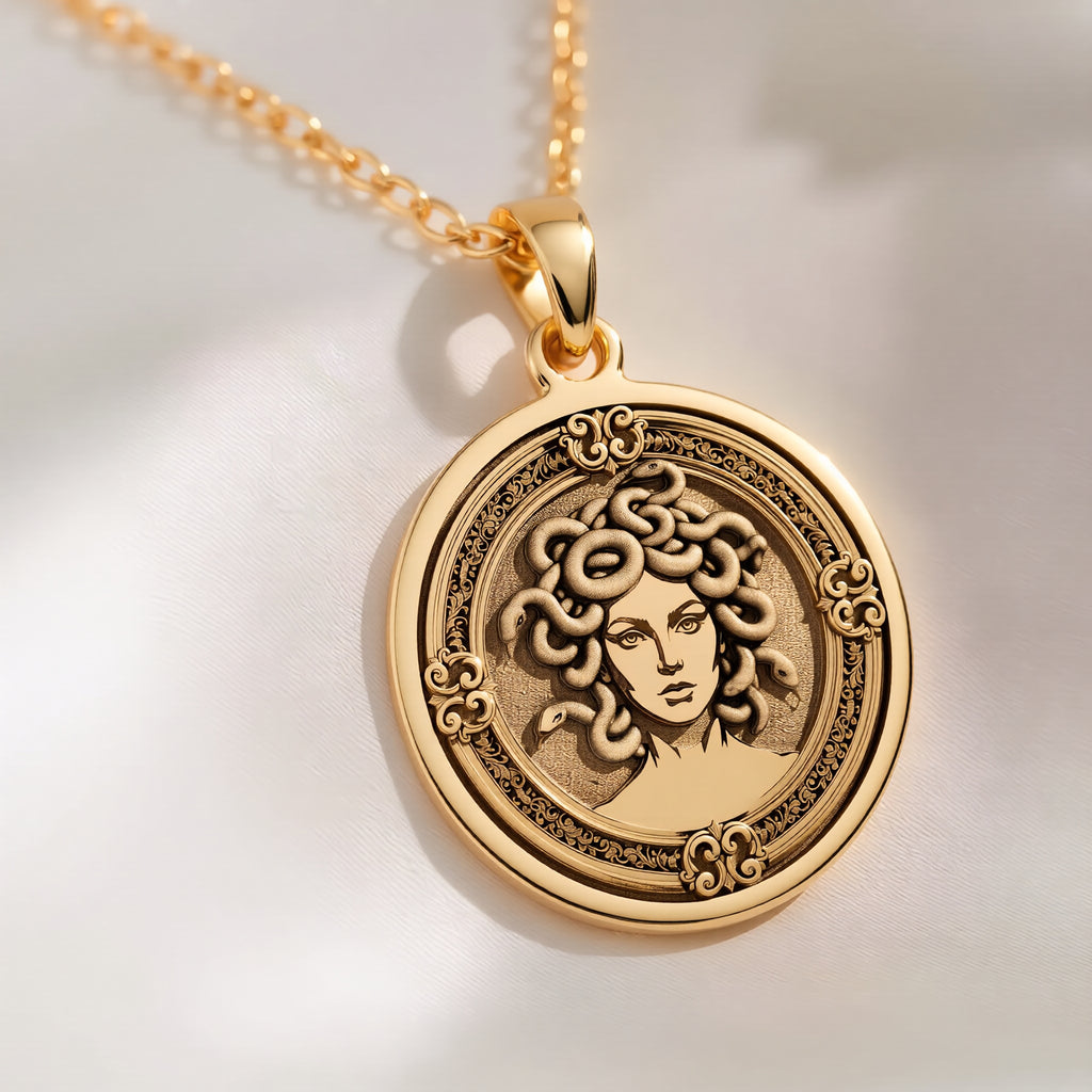 14K solid gold Medusa Gorgon Snake Hair Pendant: round  Medusa Gorgon with engraved ser...