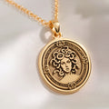 14K solid gold Medusa Gorgon Snake Hair Pendant: round  Medusa Gorgon with engraved ser...