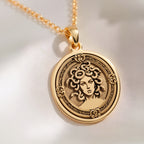 14K solid gold Medusa Gorgon Snake Hair Pendant: round  Medusa Gorgon with engraved ser...