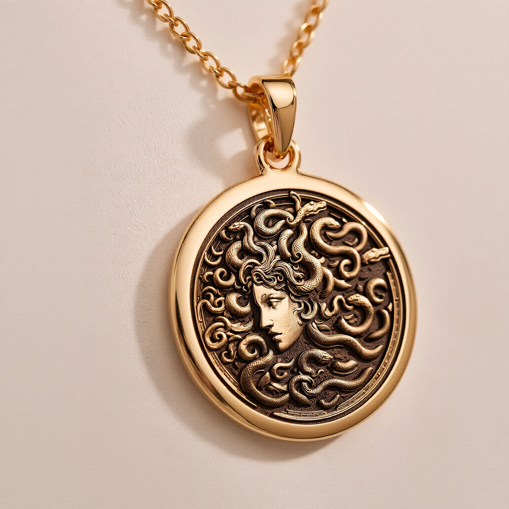 14K solid gold Medusa Gorgon Head Pendant: round  of Medusa Gorgon head with engraved c...
