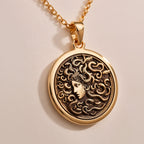 14K solid gold Medusa Gorgon Head Pendant: round  of Medusa Gorgon head with engraved c...