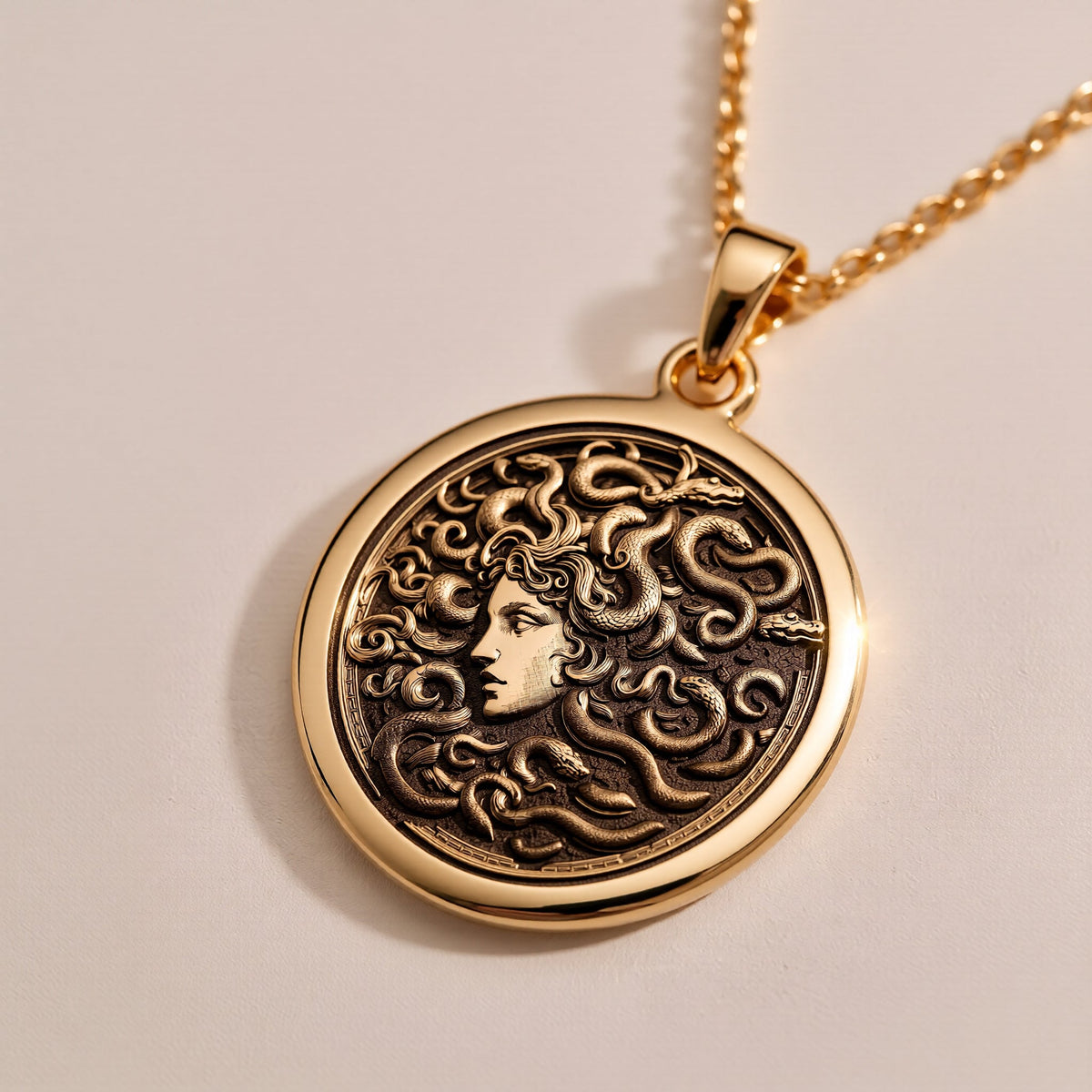 14K solid gold Medusa Gorgon Head Pendant: round  of Medusa Greek myth gorgon head with...