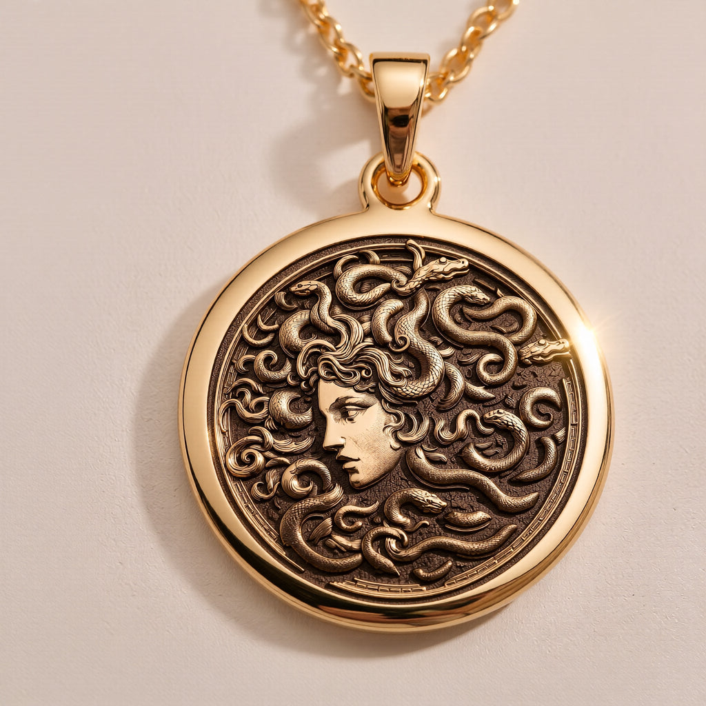 14K solid gold Medusa Gorgon Head Pendant: round  of Medusa Greek myth gorgon head with...