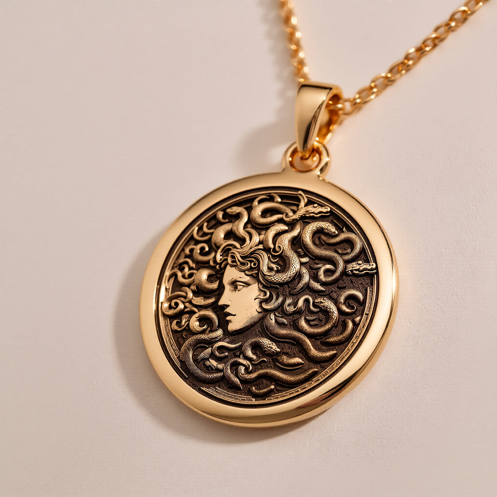 14K solid gold Medusa Gorgon Head Pendant: round  of Medusa Gorgon head with engraved s...