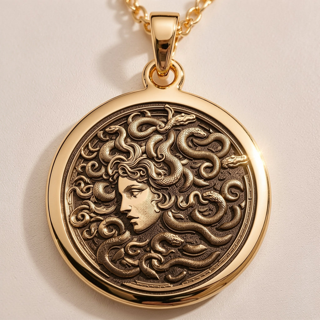 14K solid gold Medusa Gorgon Head Pendant: round  of Medusa Greek myth gorgon head with...