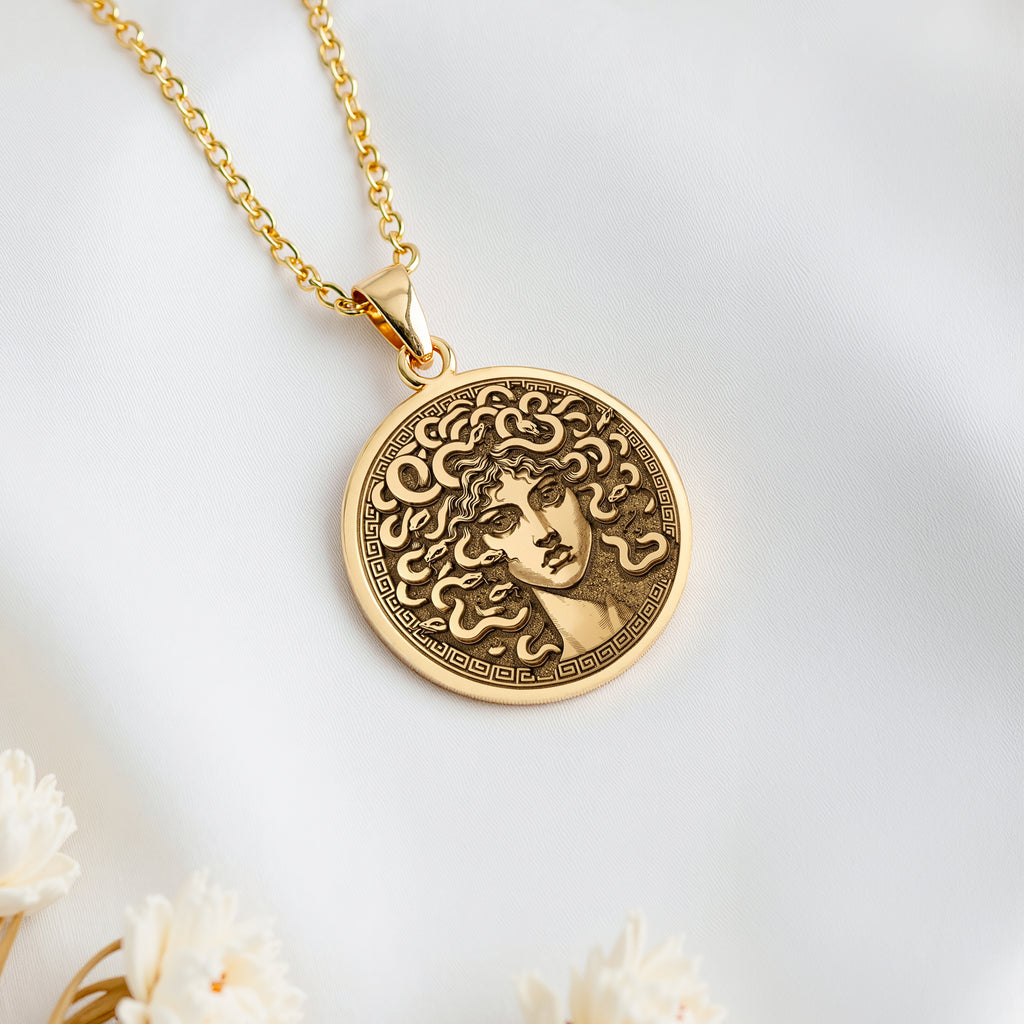 14K solid gold Medusa Gorgon Head Pendant: round  of Medusa Gorgon head with engraved s...