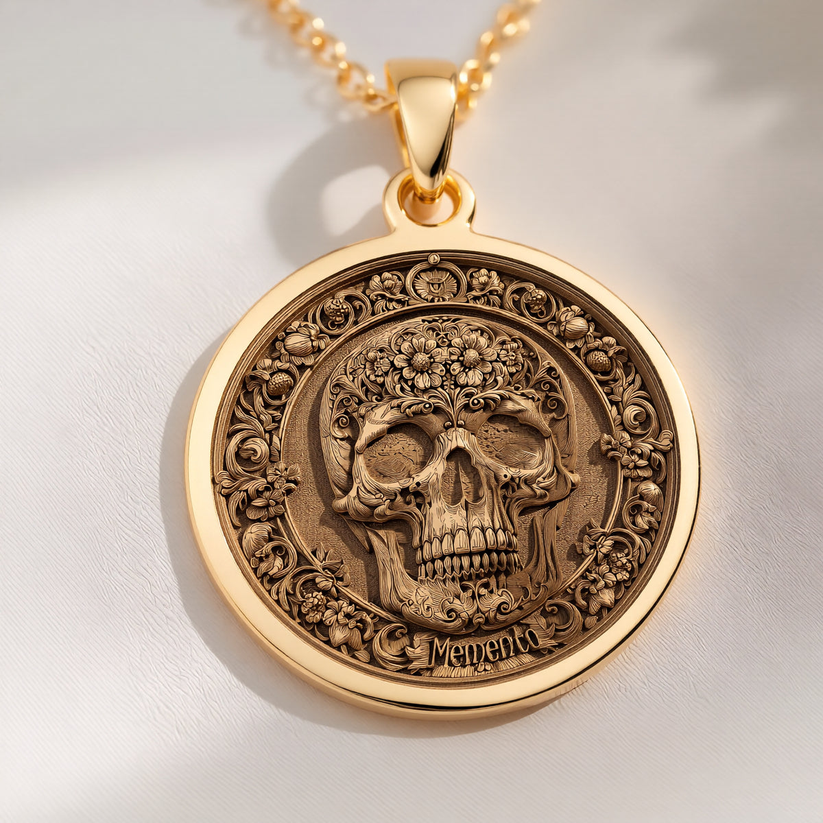 14K solid gold Memento Mori Skull Necklace: round  engraved memento mori skull with flo...
