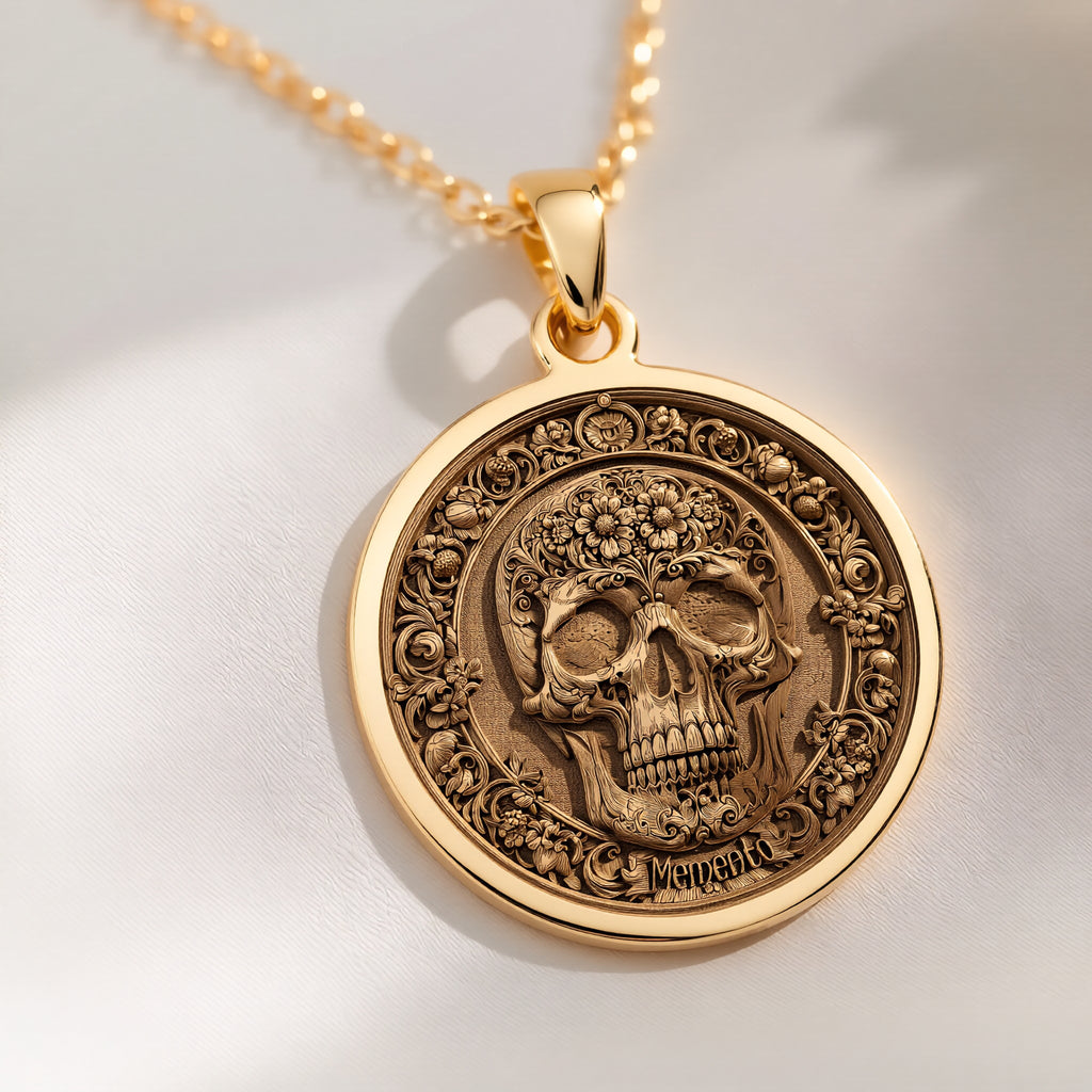 14K solid gold Memento Mori Skull Necklace: round  engraved memento mori skull with flo...