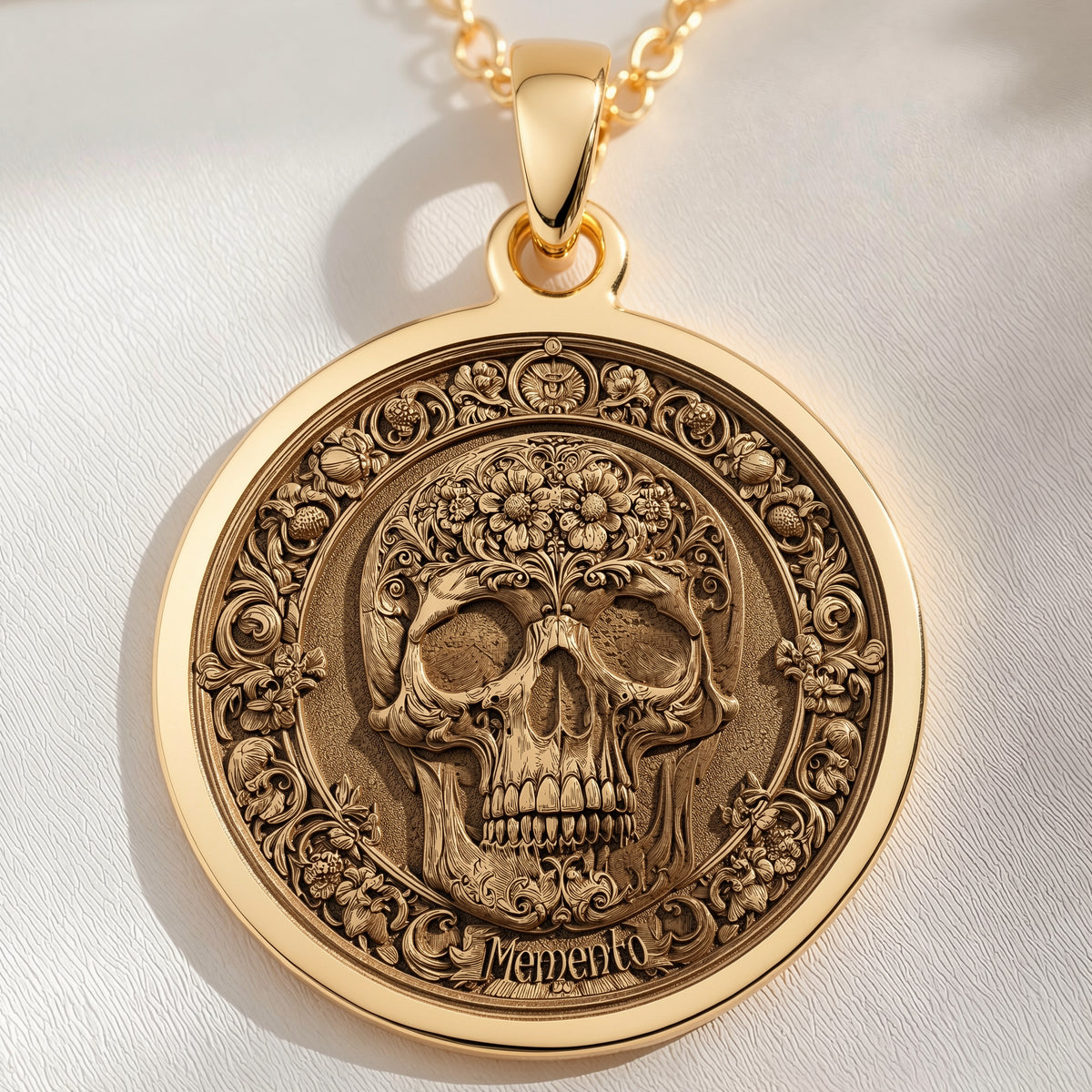 14K solid gold Memento Mori Skull Necklace: round  engraved memento mori skull with flo...