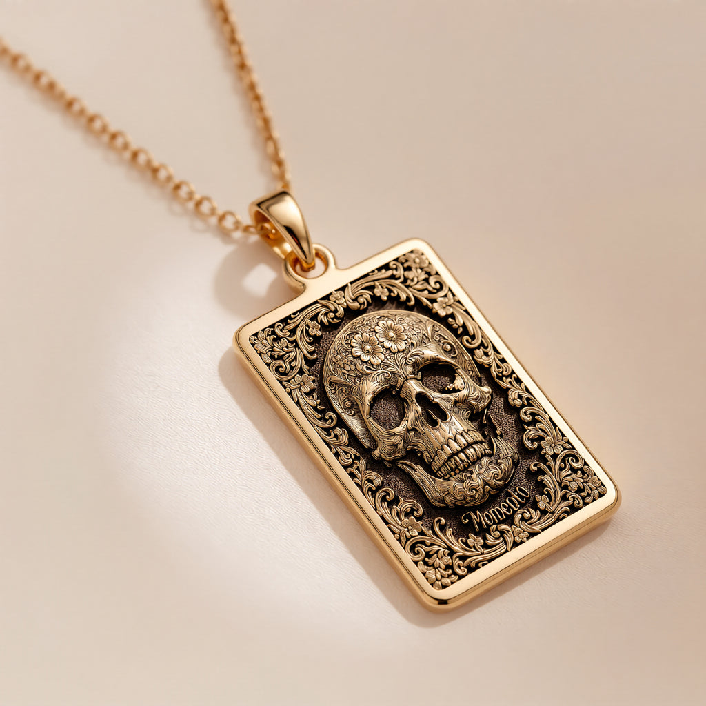 Skull & Bones Memento Mori Pendant Necklaces Yellow gold skull pendant with ornate scrollwork design necklace