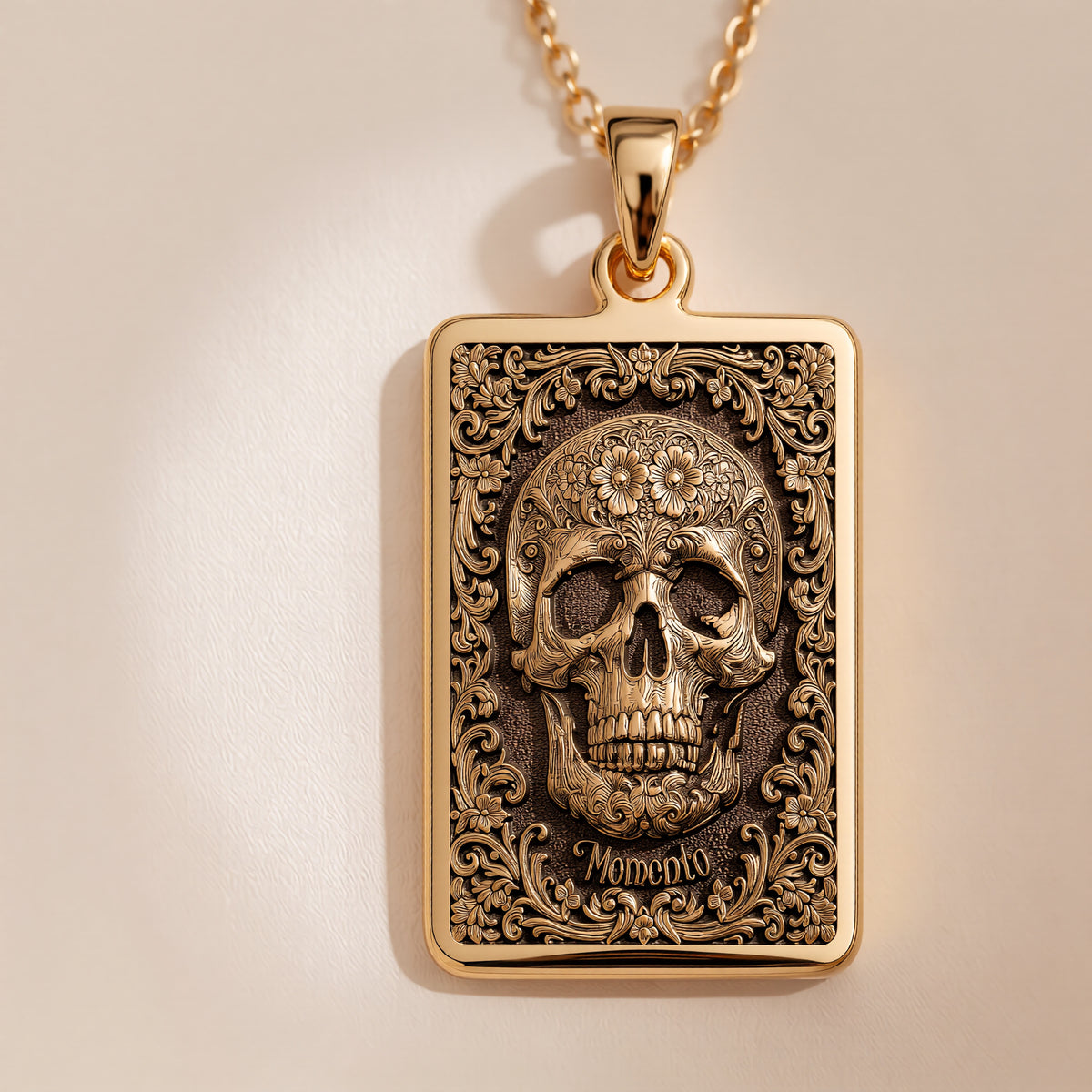 Skull & Bones Memento Mori Pendant Necklaces Yellow gold skull pendant with ornate floral scrollwork design necklace