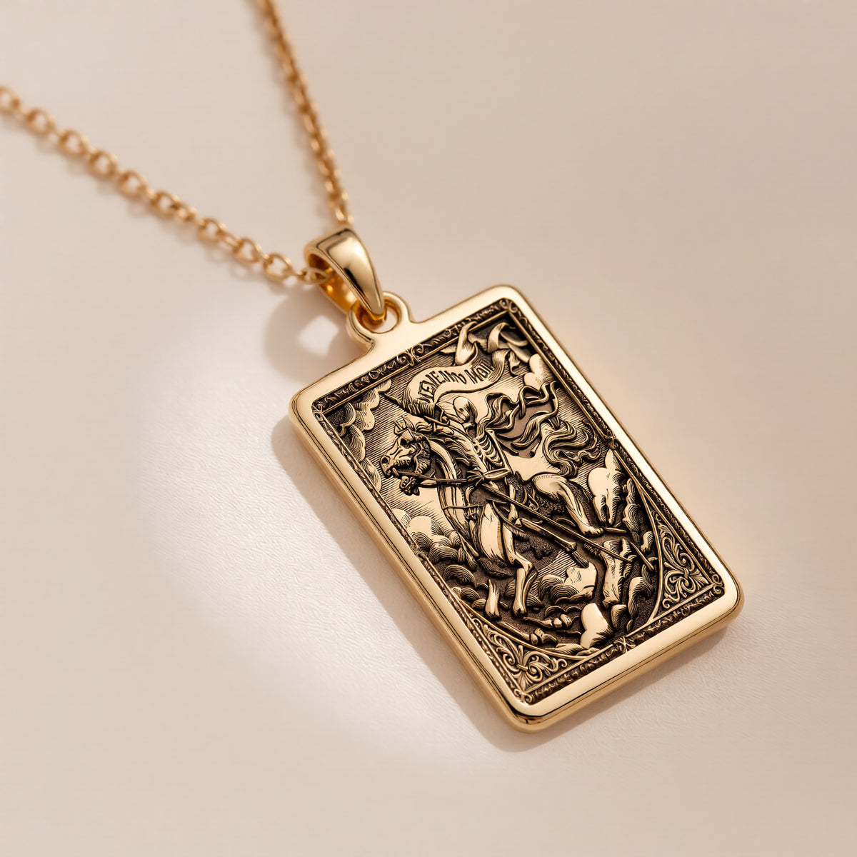 Skeleton Knight Memento Mori Pendant Necklaces Yellow gold plated rectangular pendant featuring an ornate equestrian scene necklace
