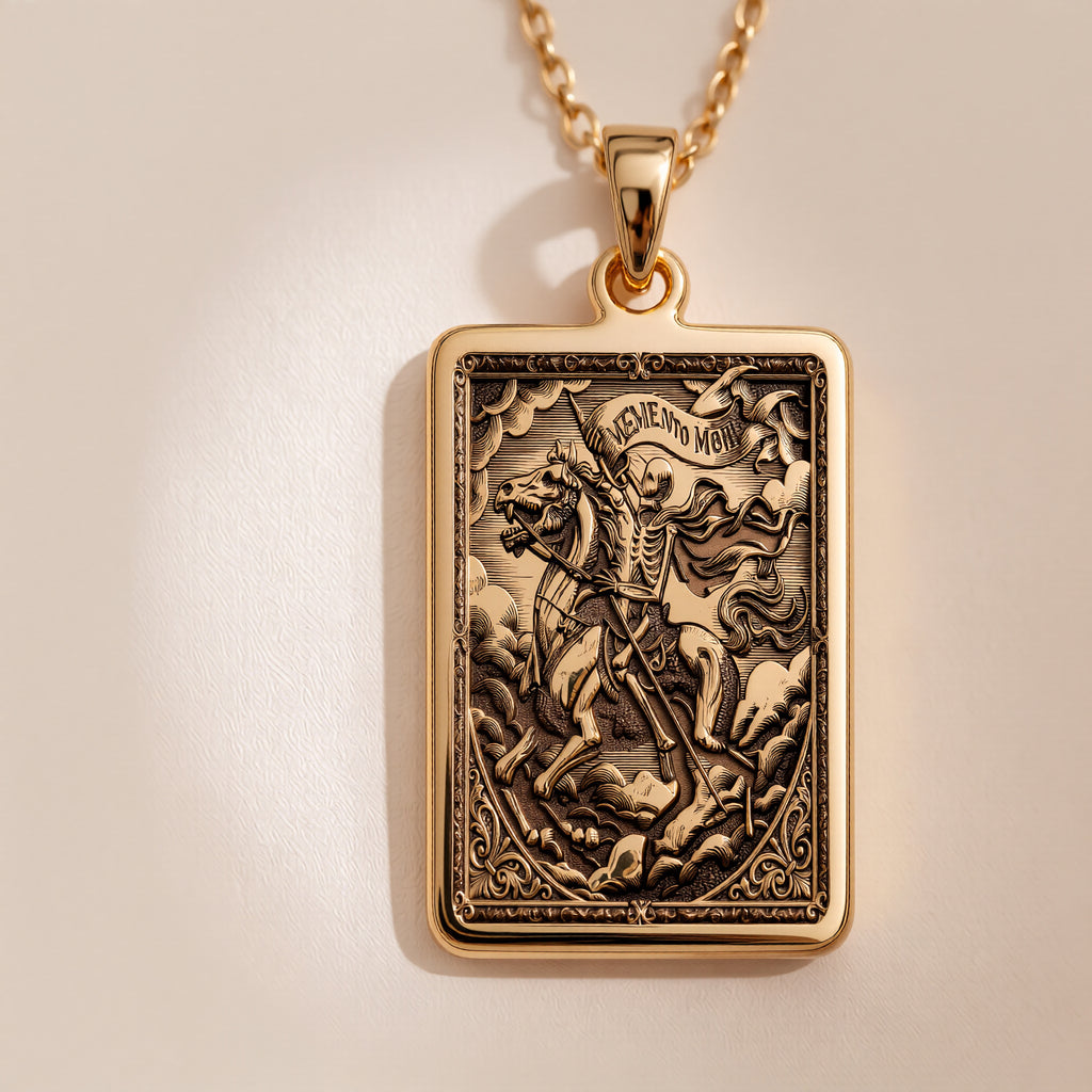 Skeleton Knight Memento Mori Pendant Necklaces Yellow gold plated pendant featuring a warrior on horseback design with ornate detailing.