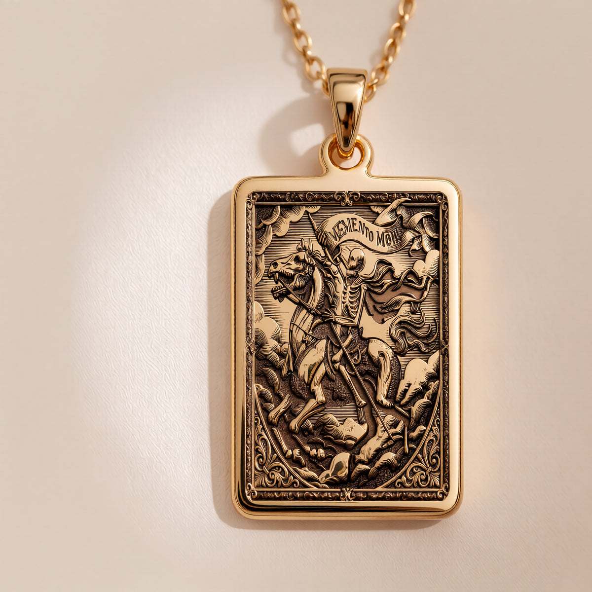 Skeleton Knight Memento Mori Pendant Necklaces Yellow gold plated pendant featuring a warrior on horseback design with ornate detailing.