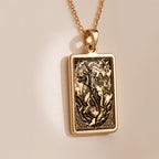Skeleton Knight Memento Mori Pendant Necklaces Yellow gold rectangular pendant with engraved historical scene and horses necklace