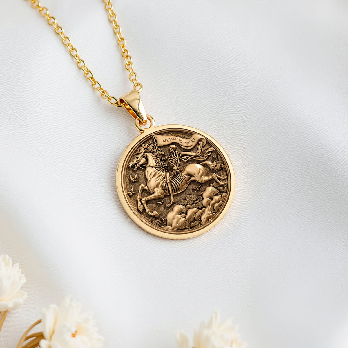 14K solid gold Memento Mori Coin Pendant: round  Memento Mori skeleton rider on horse w...