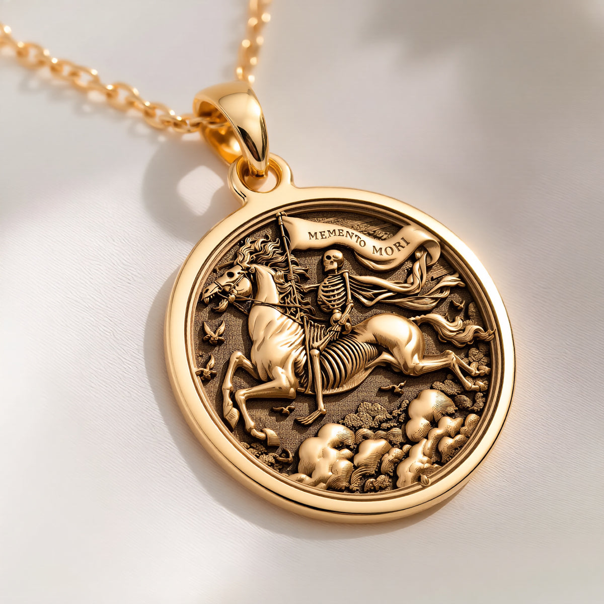 14K solid gold Memento Mori Coin Pendant: round  Memento Mori skeleton rider on horseba...