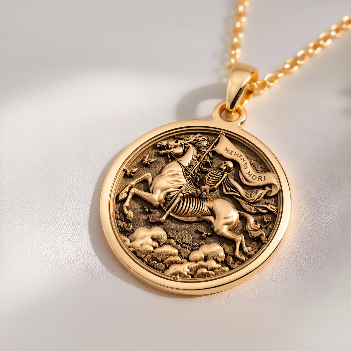 14K solid gold Memento Mori Coin Pendant: round  Memento Mori skeleton rider on horseba...