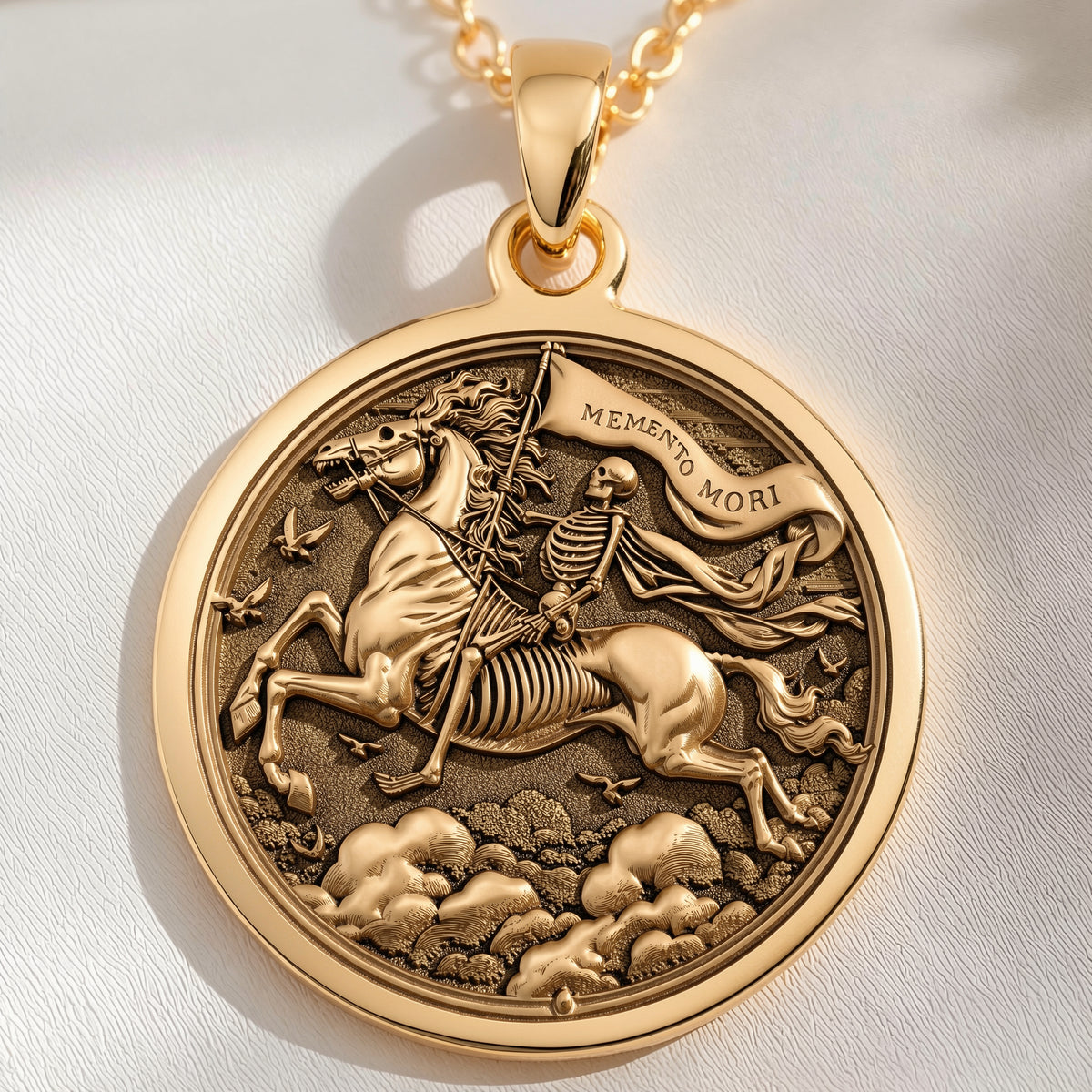 14K solid gold Memento Mori Coin Pendant: round  Gothic Memento Mori skeleton rider on ...