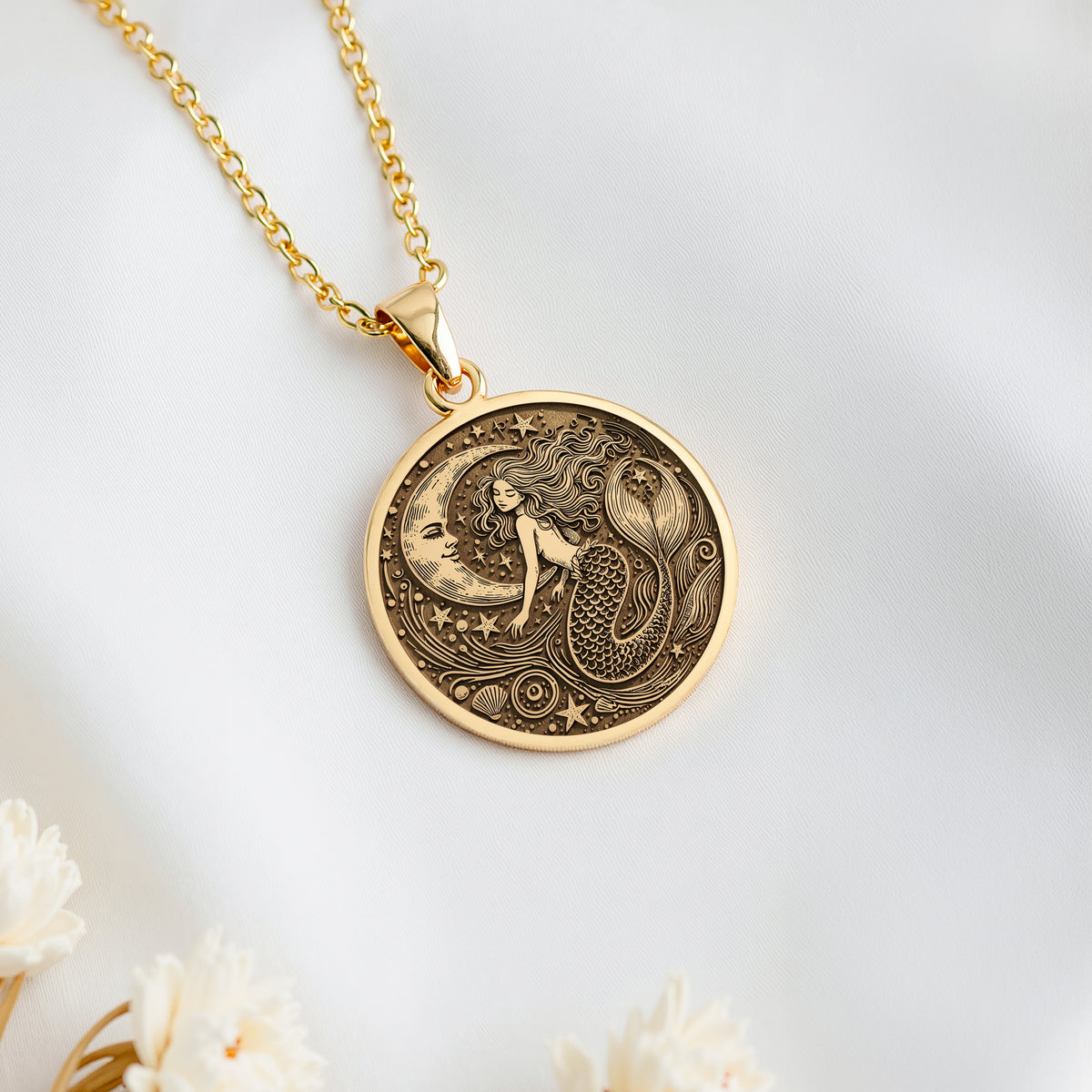 14K solid gold Ocean Siren Mermaid Necklace: round  of ocean siren mermaid with engrave...