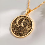 14K solid gold Ocean Siren Mermaid Necklace: round  ocean siren mermaid with detailed s...