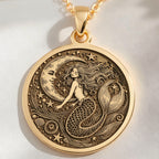 14K solid gold Ocean Siren Mermaid Necklace: round  of mermaid sea creature with engrav...