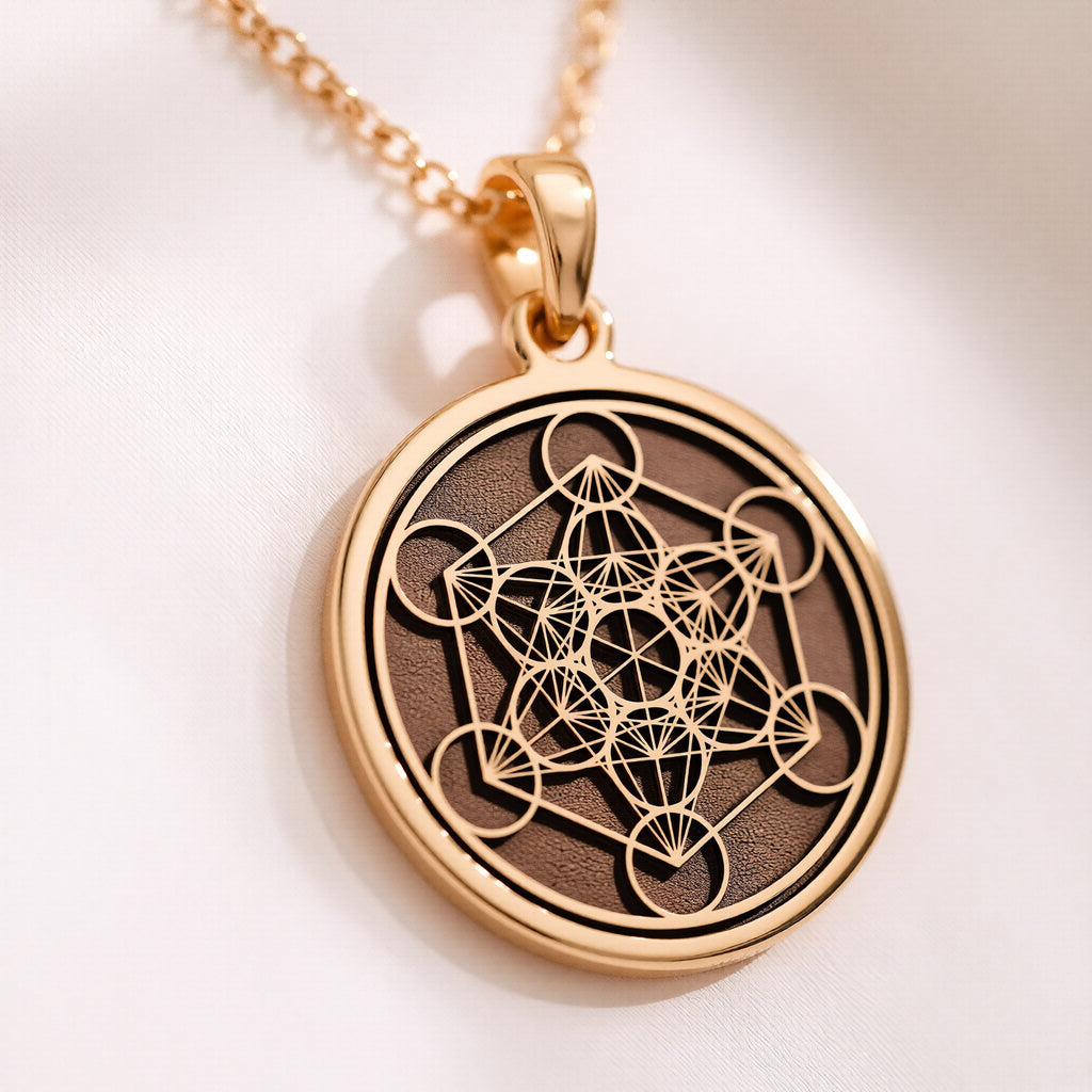 14K Solid Gold Metatron's Cube Sacred Geometry Necklace — front medallion and chain view