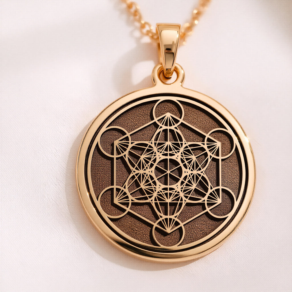 14K Solid Gold Metatron's Cube Medallion Necklace — close-up of Platonic solids motif