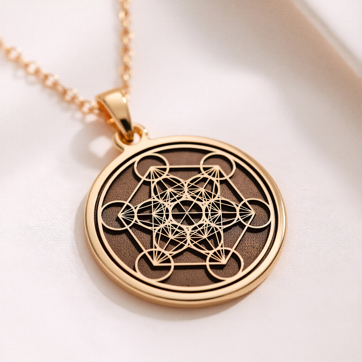 14K Solid Gold Metatron's Cube Pendant — macro craftsmanship and bail detail