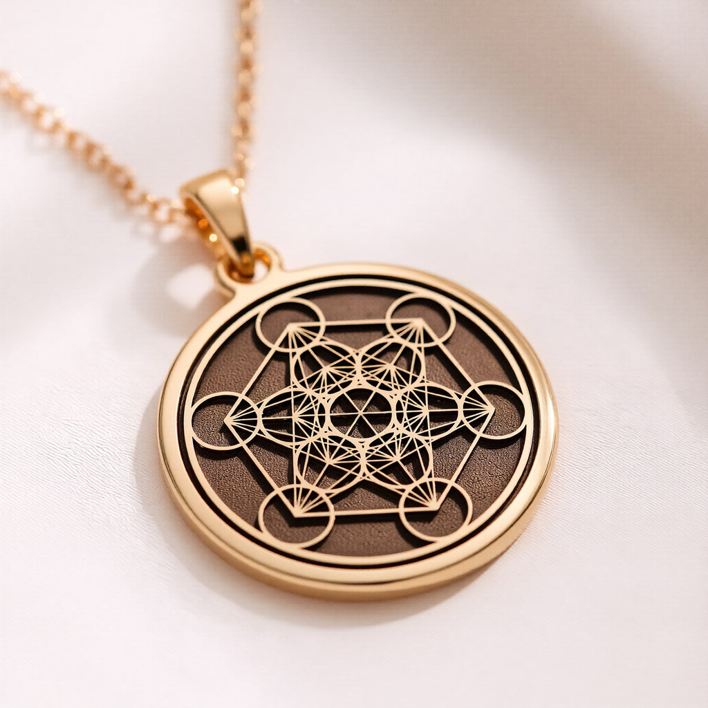 14K Solid Gold Metatron's Cube Sacred Geometry Disc — side perspective and polish detail