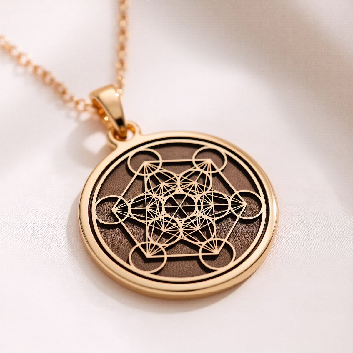 14K Solid Gold Metatron's Cube Sacred Geometry Disc — side perspective and polish detail