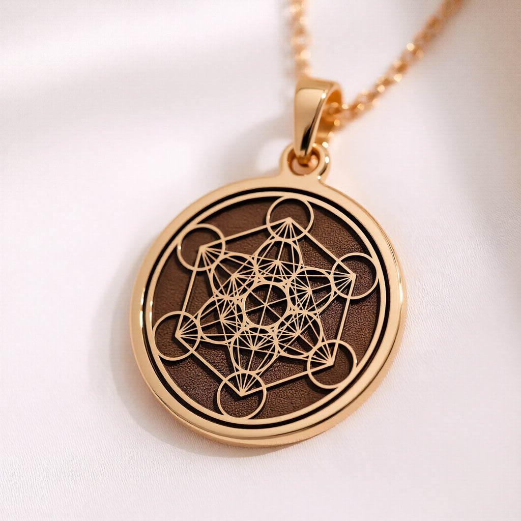 14K Solid Gold Metatron's Cube Necklace — pendant scale and chain pairing view