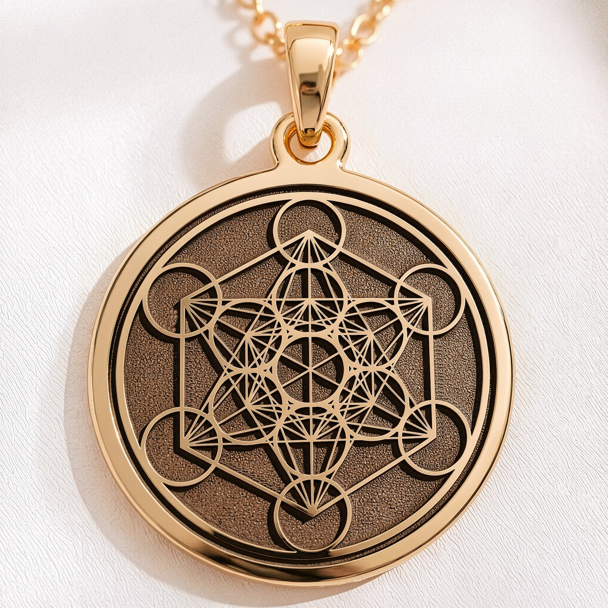 14K Solid Gold Metatron's Cube Sacred Geometry Talisman — studio hero portrait