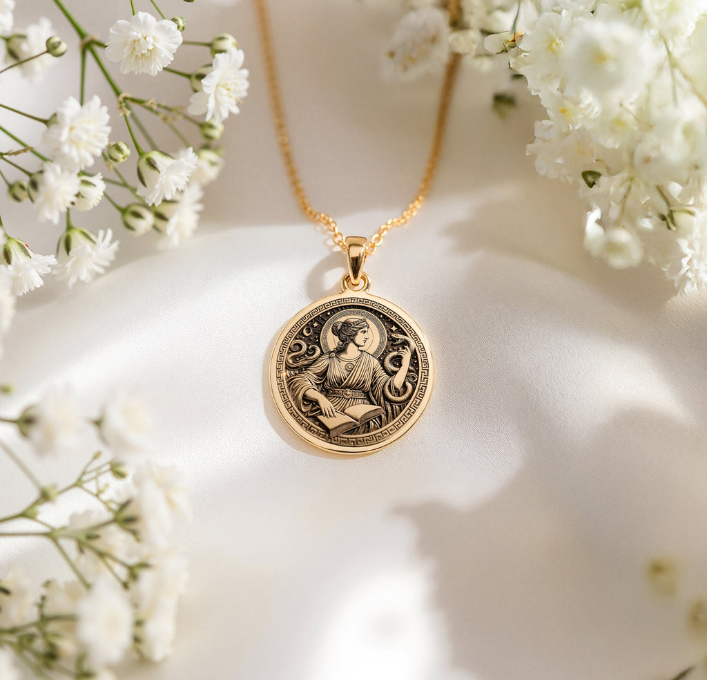 14K Gold Plated Metis Necklace inspired by Greek mythology. This elegant goddess pendant is perfect for everyday wear or special occasions. A thoughtful gift for history enthusiasts or women who love unique, handcrafted jewelry.