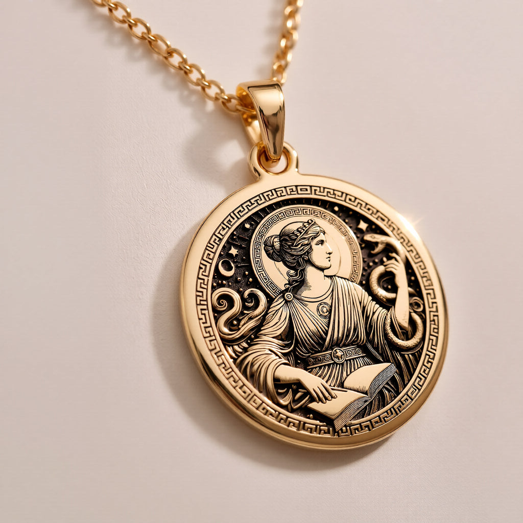 Rose Gold Plated Greek Goddess Metis Necklace with a detailed pendant design. Inspired by mythology, this piece makes a thoughtful gift for women who love feminine, elegant, and unique handcrafted jewelry.