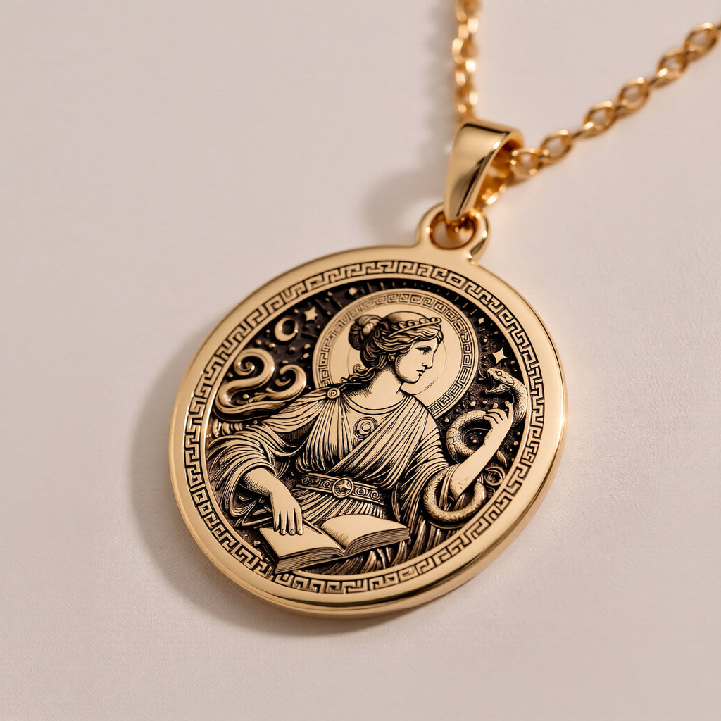 Rose Gold Plated Greek Goddess Metis Necklace with a detailed pendant design. Inspired by mythology, this piece makes a thoughtful gift for women who love feminine, elegant, and unique handcrafted jewelry.