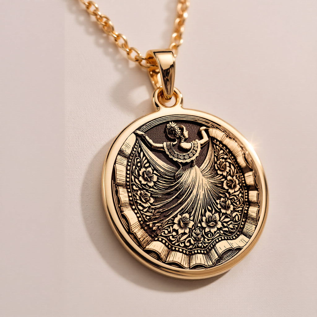 925 Sterling silver necklace with folkloric Mexican dancer engraving, ideal cultural gift for women who love traditional designs.