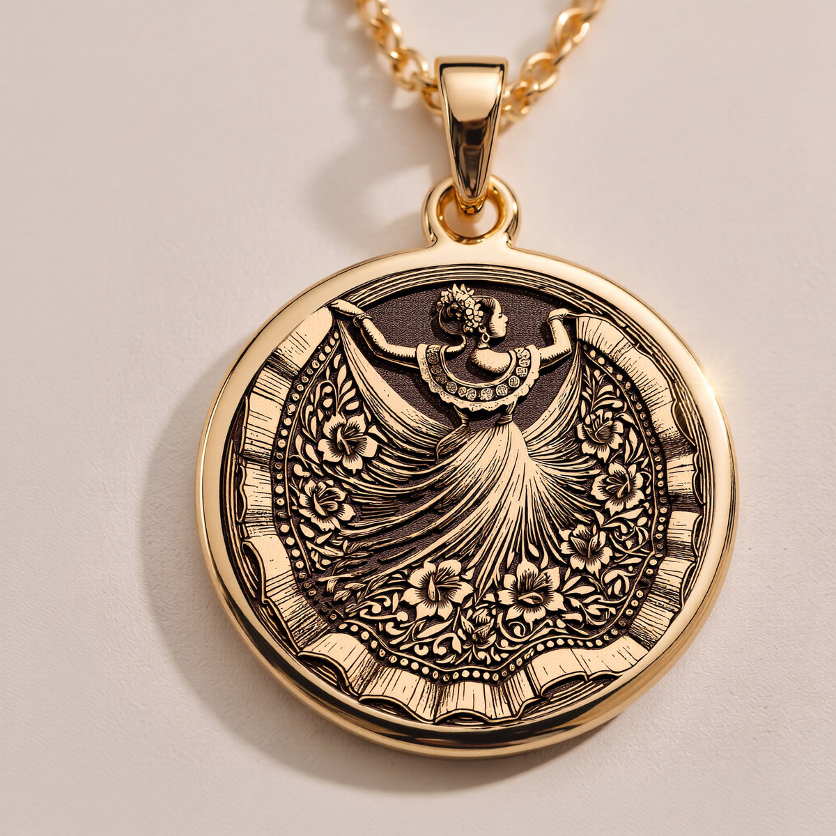 Feminine Rose Gold necklace featuring traditional dress and dancer, inspired by Mexican heritage.