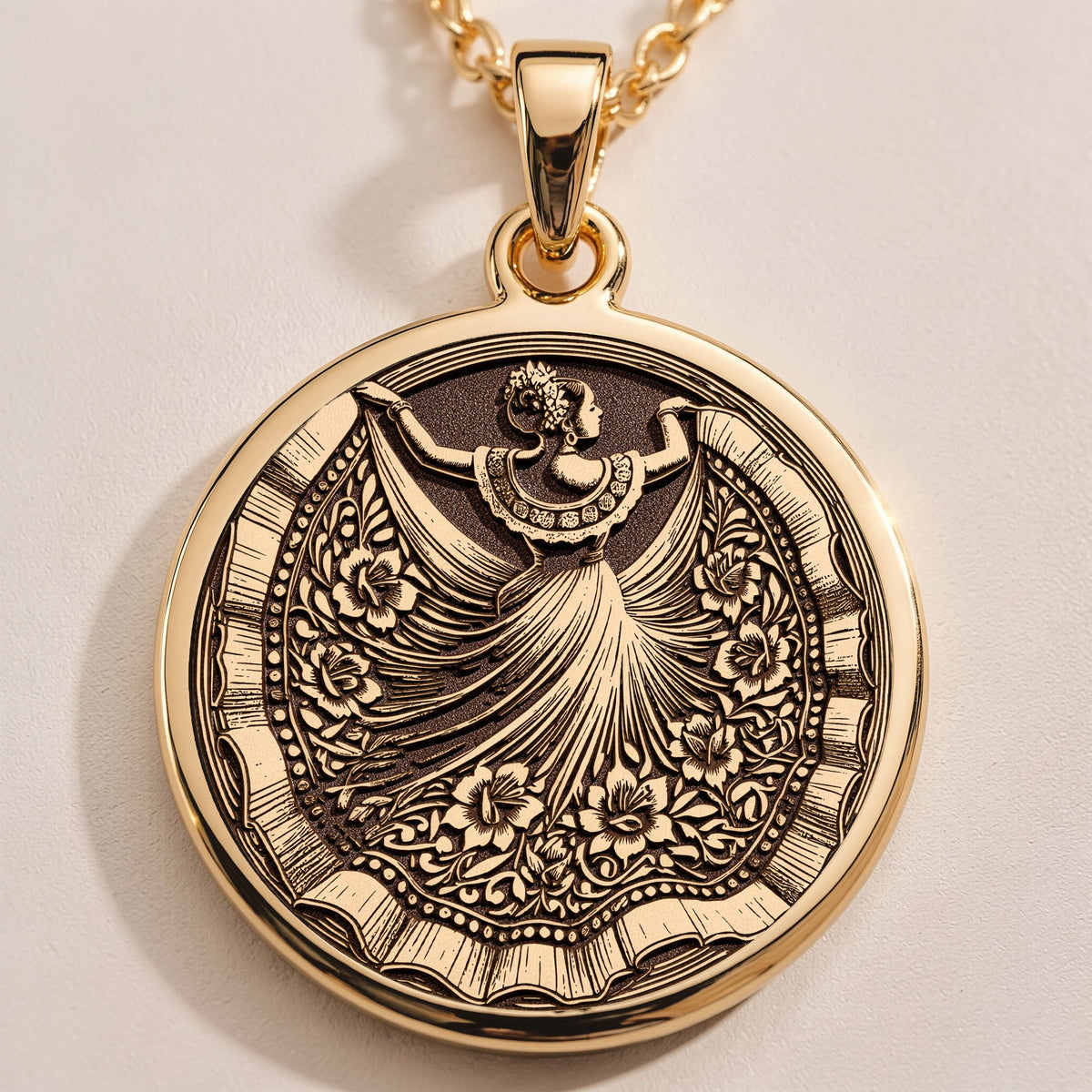 Mexican Dancer Folkloric Pendant | 14K Gold & Silver Options - Cultural Heritage Coin Jewelry - Image 2