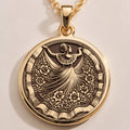 Front view of Mexican Dancer Folkloric Pendant in 14K solid gold, featuring an engraved dancer mid-pose with a flowing skirt.