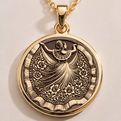 Front view of Mexican Dancer Folkloric Pendant in 14K solid gold, featuring an engraved dancer mid-pose with a flowing skirt.