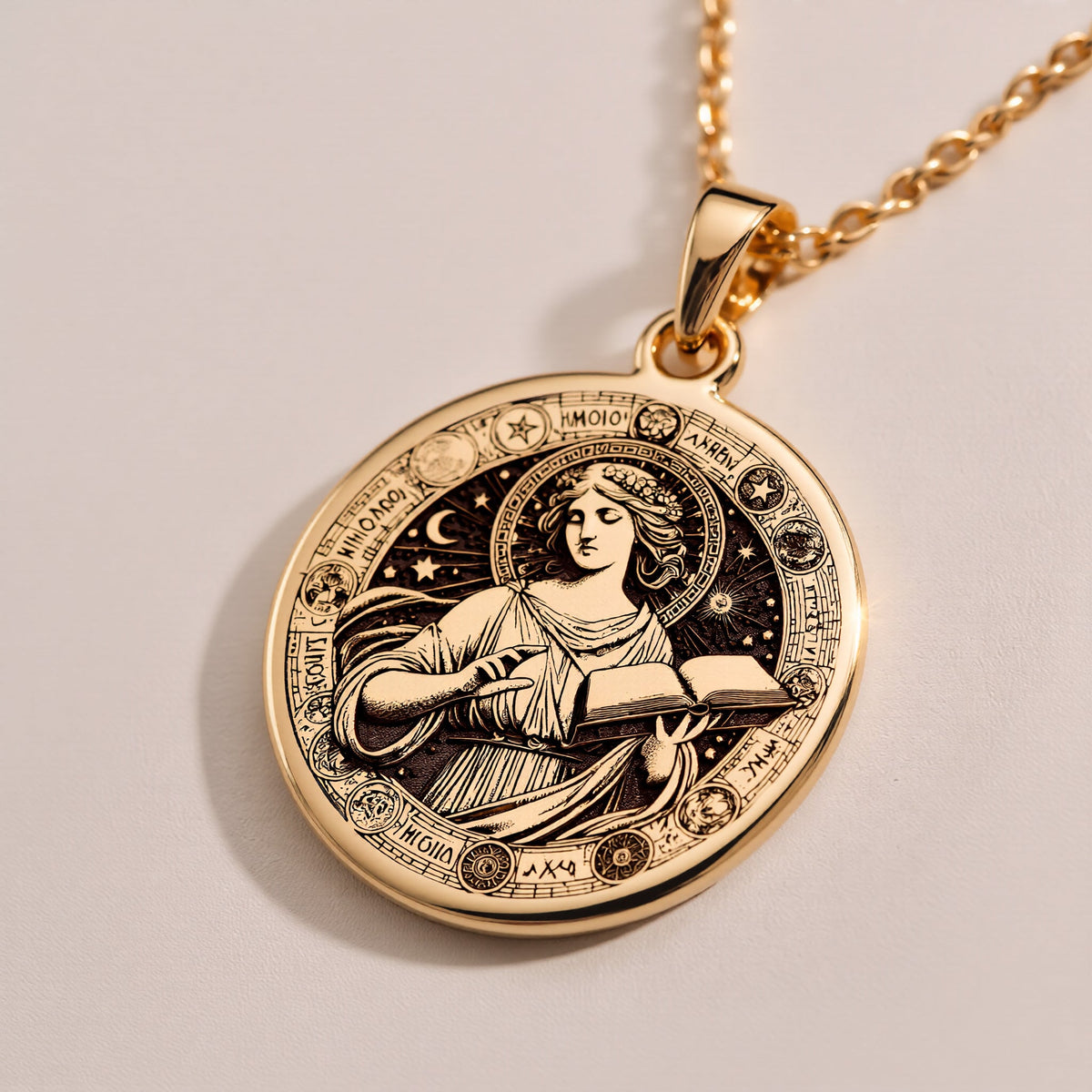 Silver plated Mnemosyne Goddess Memory Wisdom Pendant: round  of Mnemosyne Greek goddes...