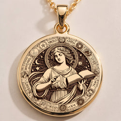 Mnemosyne Goddess Memory Wisdom Pendant in 14K solid gold. Round front view shows engraved goddess holding an open book with stars and moon symbols.