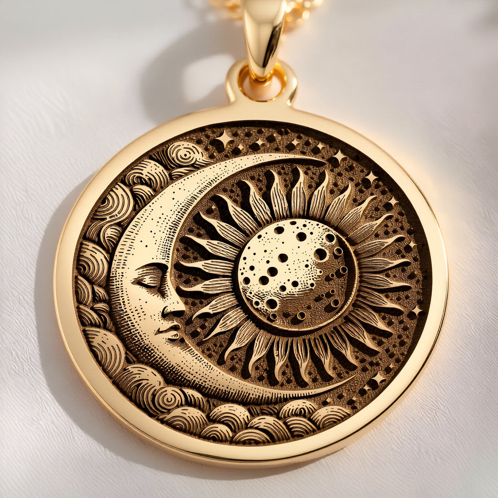 A gold necklace with a round pendant featuring a celestial sun and moon design. The intricate details symbolize harmony and cosmic balance, making it a perfect accessory for lovers of unique, symbolic jewelry. Ideal for both daily wear and special.