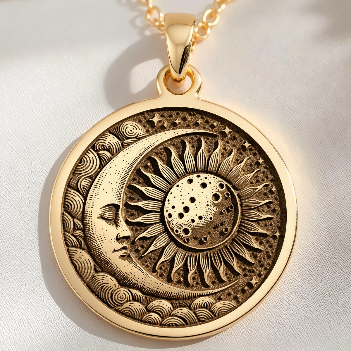 A gold necklace with a round pendant featuring a celestial sun and moon design. The intricate details symbolize harmony and cosmic balance, making it a perfect accessory for lovers of unique, symbolic jewelry. Ideal for both daily wear and special.