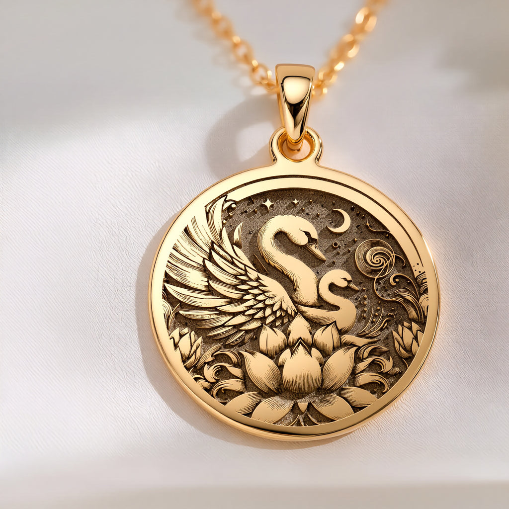 14K solid gold Swan Family Mother & Child pendant, detailed view 1.